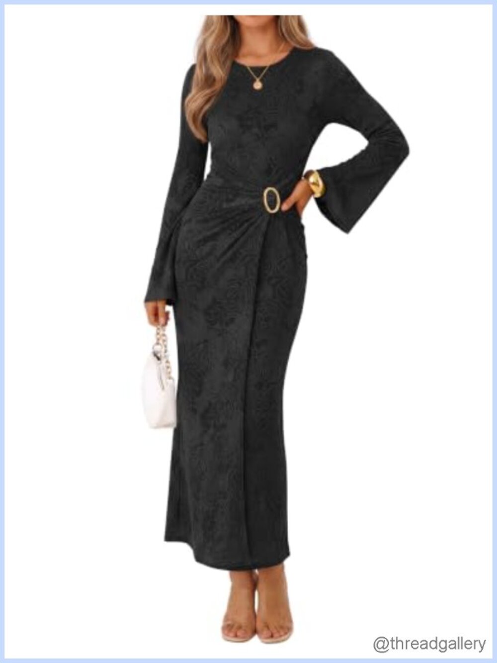 MEROKEETY Women's Long Sleeve Formal Cocktail Maxi Dress Jacquard Wedding Guest